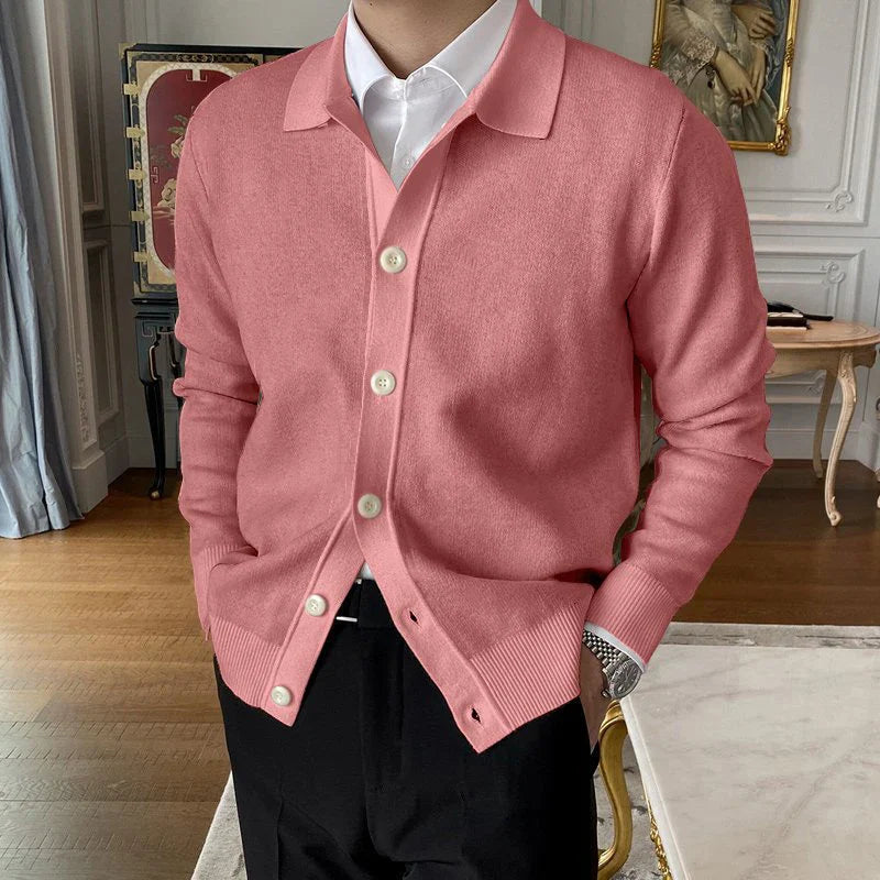 SUNA Herre Cardigan – “Felix Grant” Button-Up Stribet Striktrøje med Klassisk Look Pink