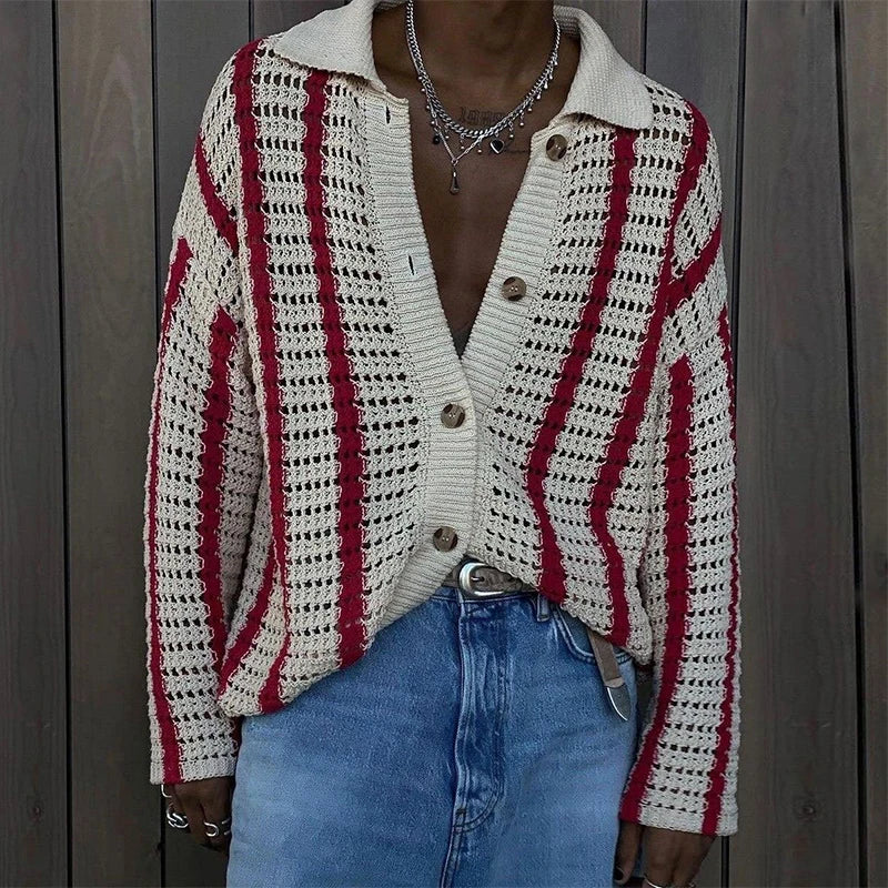 SUNA Herre Cardigan – Bohemisk Vintage Stribet Strik i Beige med Røde Detaljer