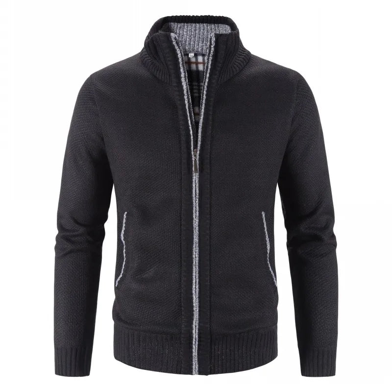 SUNA Herre Cardigan – Efterårs og Vinter Stribet Strik med Ståkrave Sort
