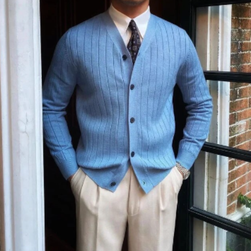 SUNA Herre Cardigan – Slim Fit V-Hals Stribet Strik med Lomme til Fritidsbrug Blå