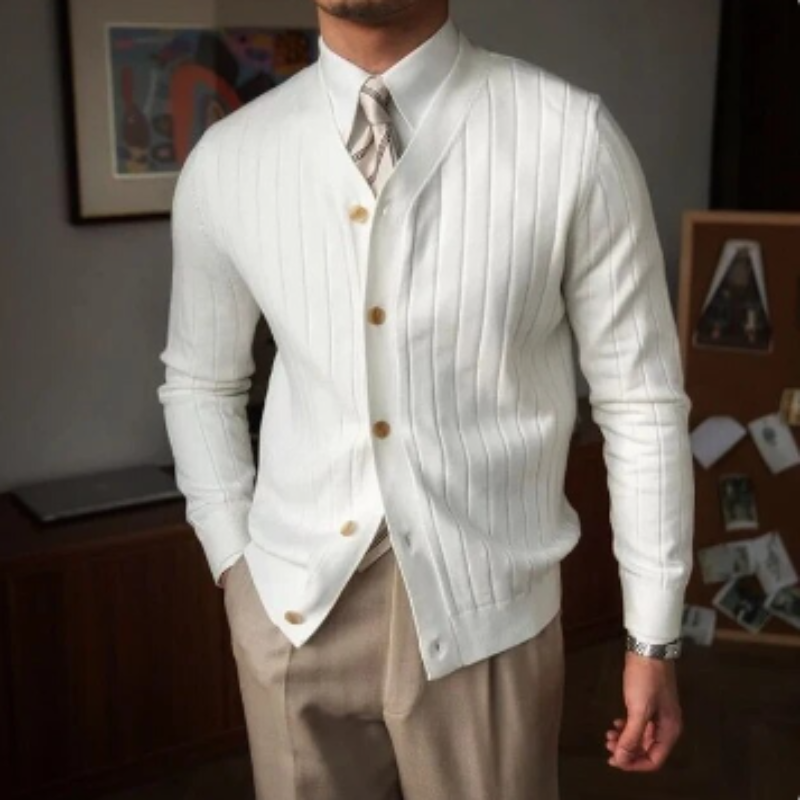 SUNA Herre Cardigan – Slim Fit V-Hals Stribet Strik med Lomme til Fritidsbrug Hvid