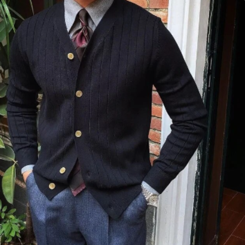 SUNA Herre Cardigan – Slim Fit V-Hals Stribet Strik med Lomme til Fritidsbrug Sort