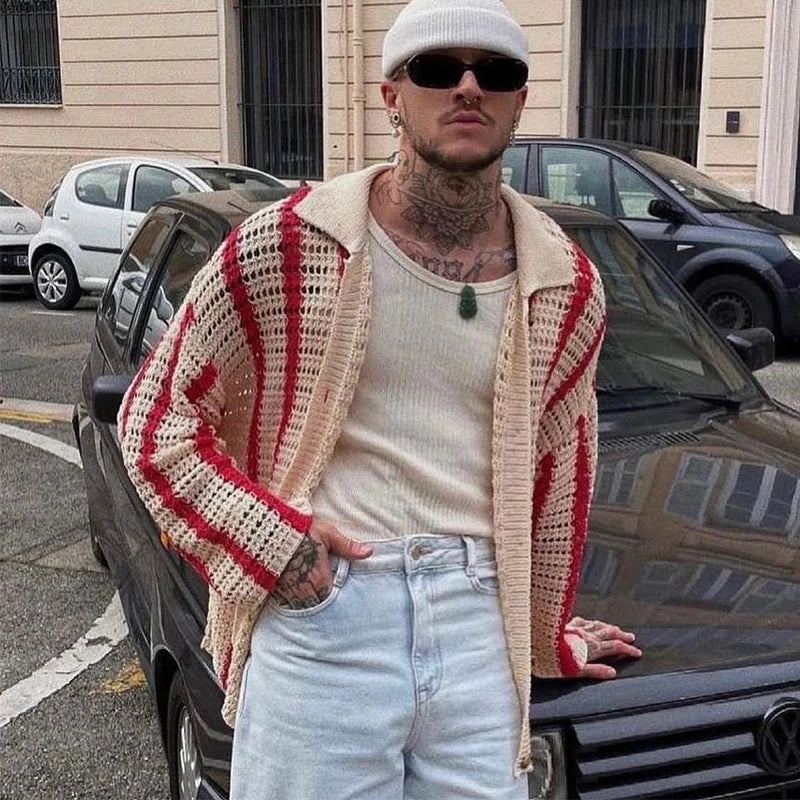 SUNA Herre Cardigan – Bohemisk Vintage Stribet Strik i Beige med Røde Detaljer