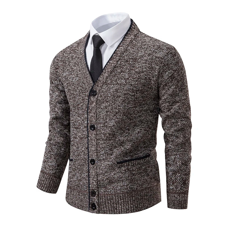 SUNA Herre V-Hals Cardigan – Casual Stribet Strikket Trøje til Hverdagsbrug Brun