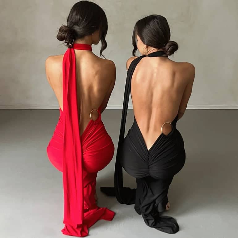 SUNA Event Ready Shoulder Maxi Kjole – Rygløs Design Med Flatterende Silhuet - Elegant Kjole Til Festlige Lejligheder