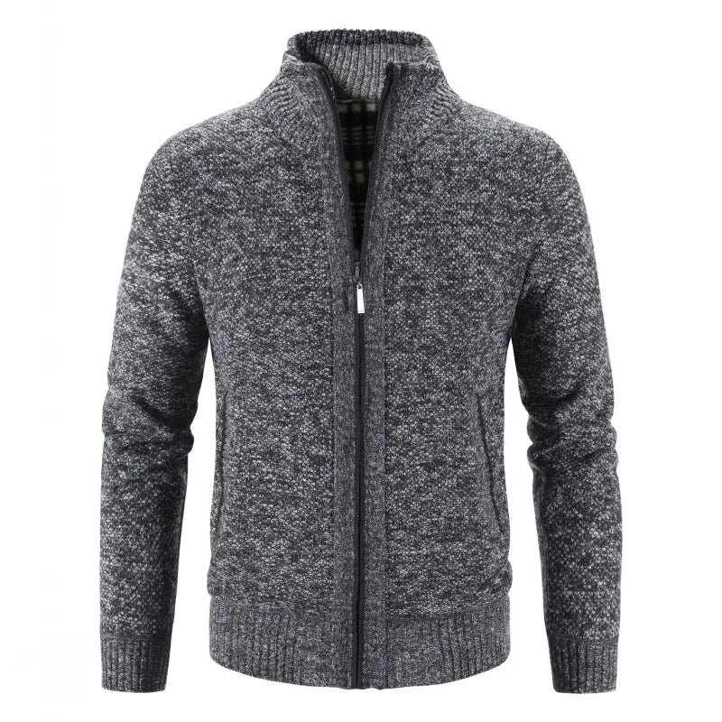 SUNA Herre Cardigan – Efterårs og Vinter Stribet Strik med Ståkrave Mørkegrå