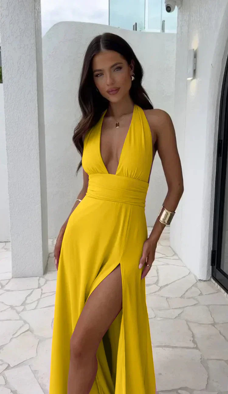 SUNA Skyfall Split Gown - Dramatisk Indgang - Halterneck Kjole