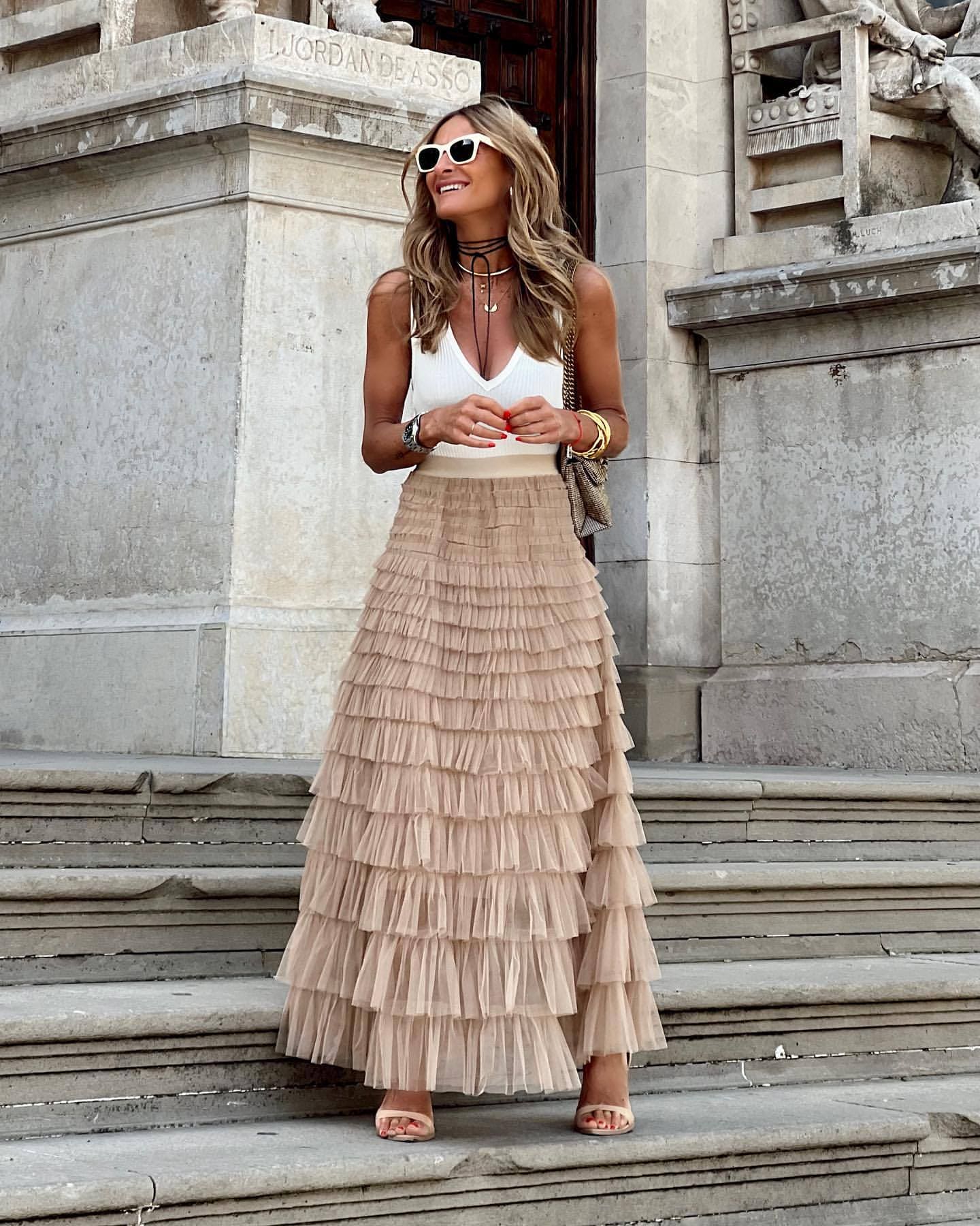 SUNA Dolce Maxi Nederdel med Elastisk Talje Beige