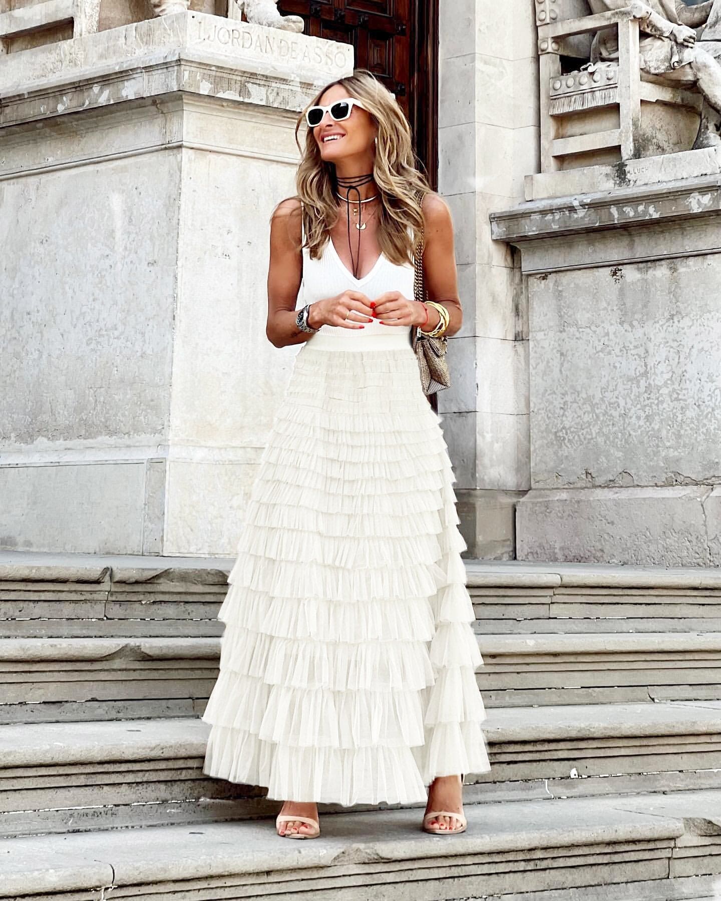 SUNA Dolce Maxi Nederdel med Elastisk Talje Hvid