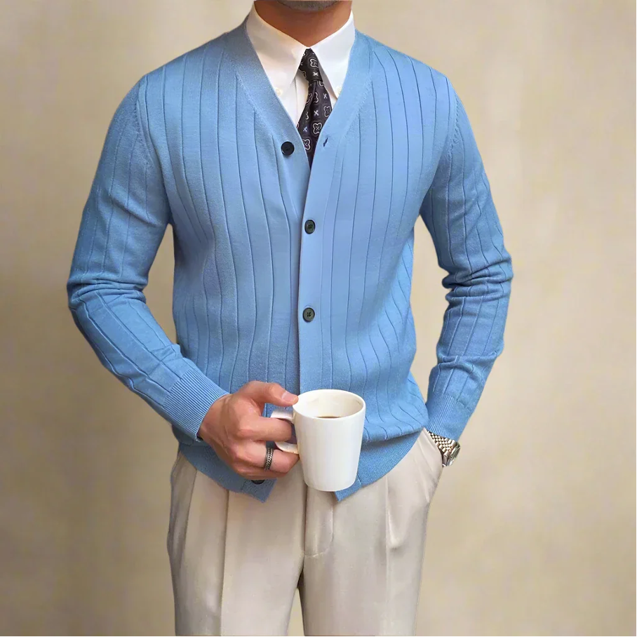 SUNA Herre Cardigan – Button-Up Stribet Strik med Guldtonede Knapper Blå