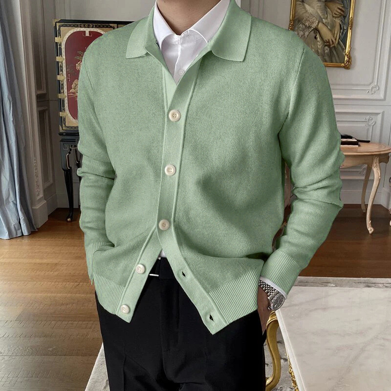 SUNA Herre Cardigan – “Felix Grant” Button-Up Stribet Striktrøje med Klassisk Look Sage Grøn