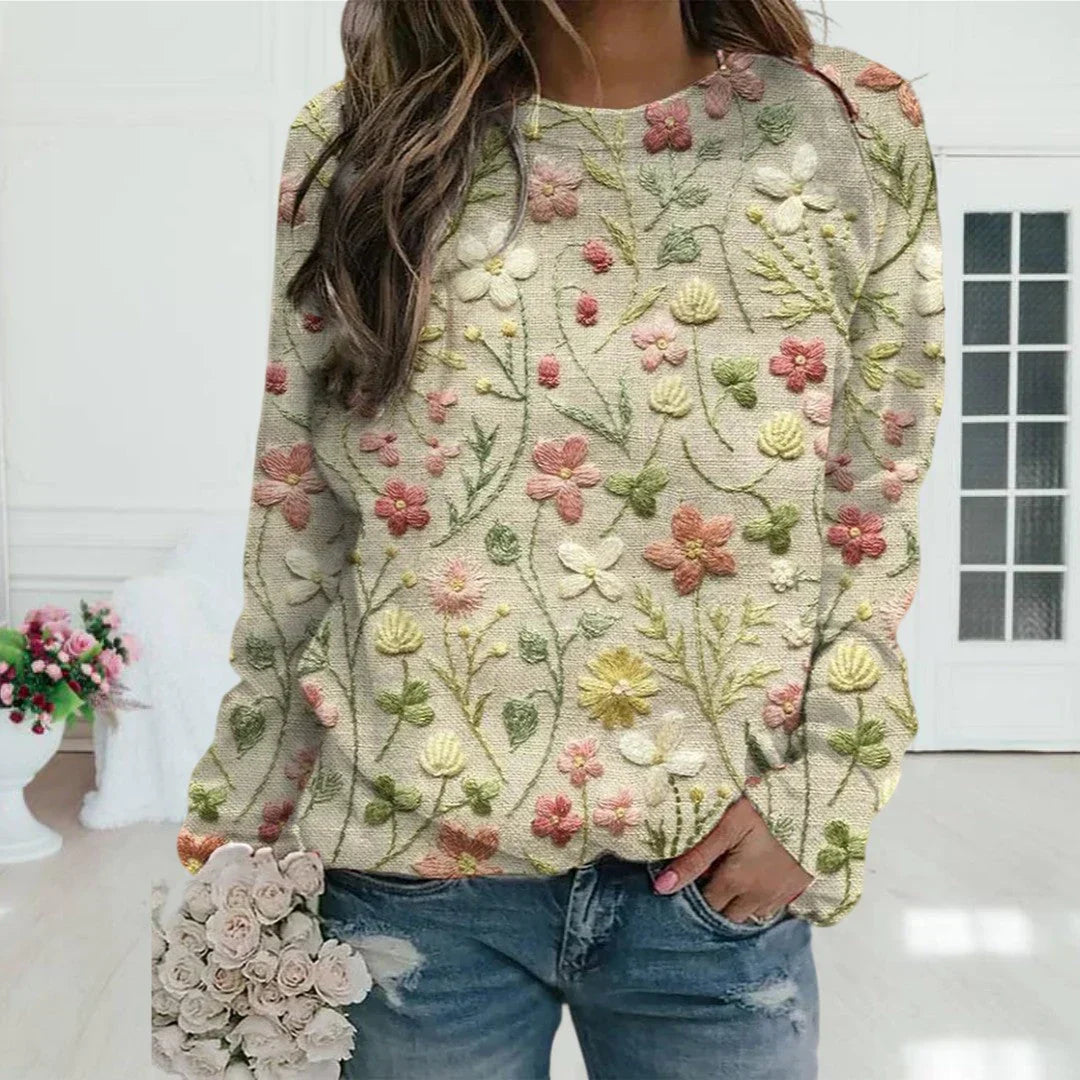 SUNA Dame Sweater – Varm Striktrøje med Blomsterbroderi og Løs Pasform