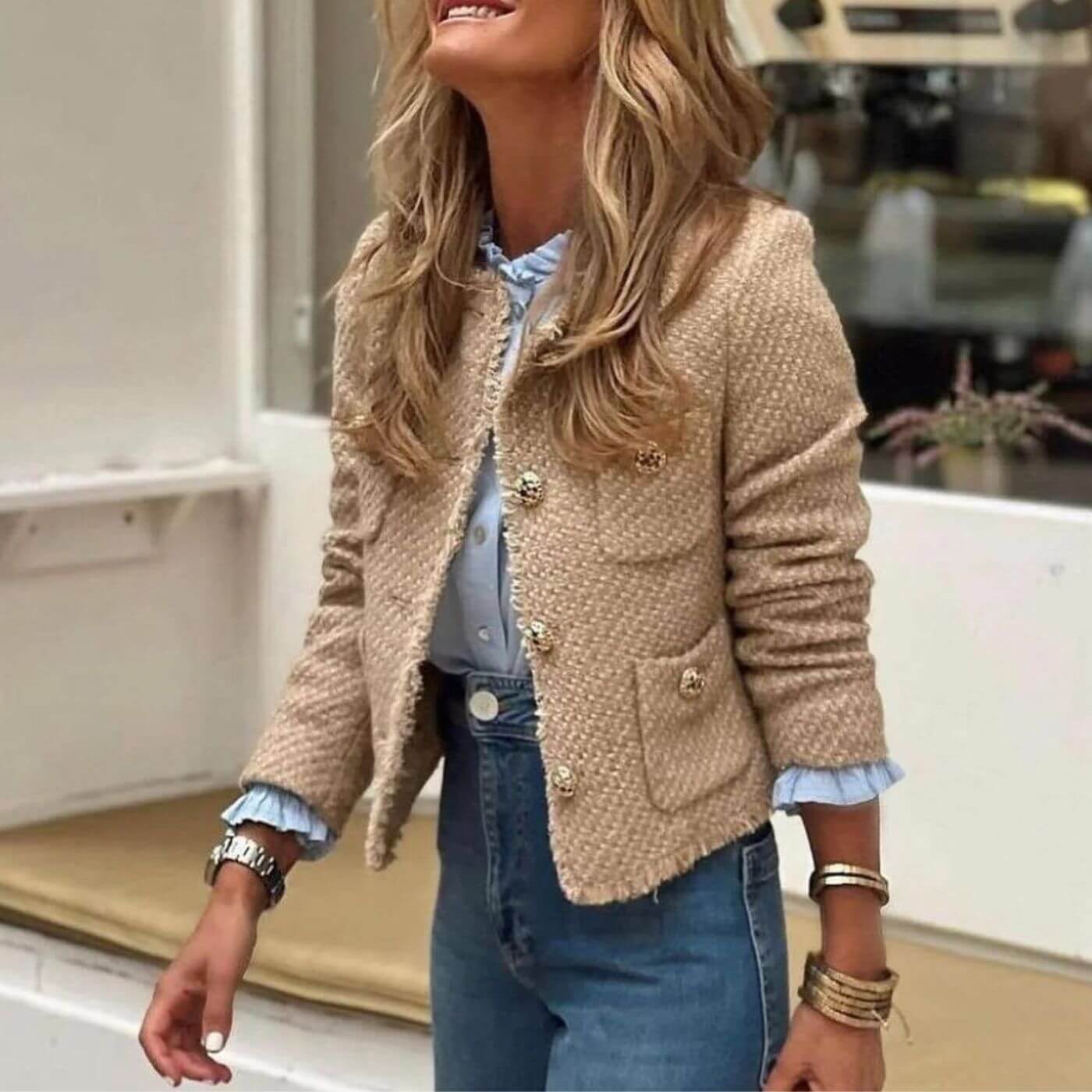 SUNA Dame Tweedjakke - Kort, elegant og moderne til foråret Beige