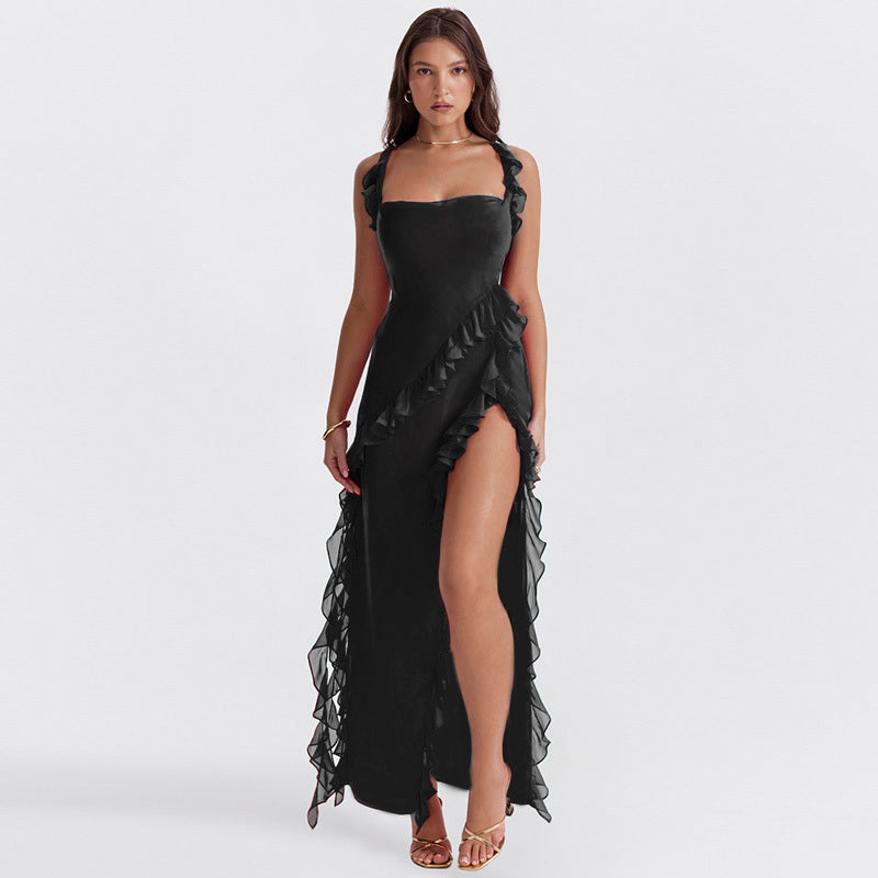 SUNA Vervain Twilight Frill Maxi – Svævende - Maxi Kjole Fest Sort