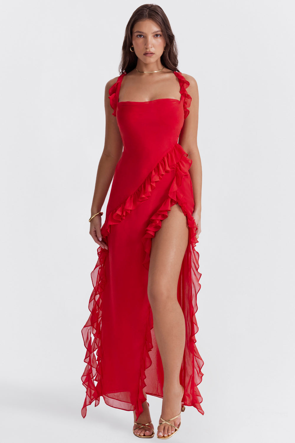 SUNA Vervain Twilight Frill Maxi – Svævende - Maxi Kjole Fest Rød