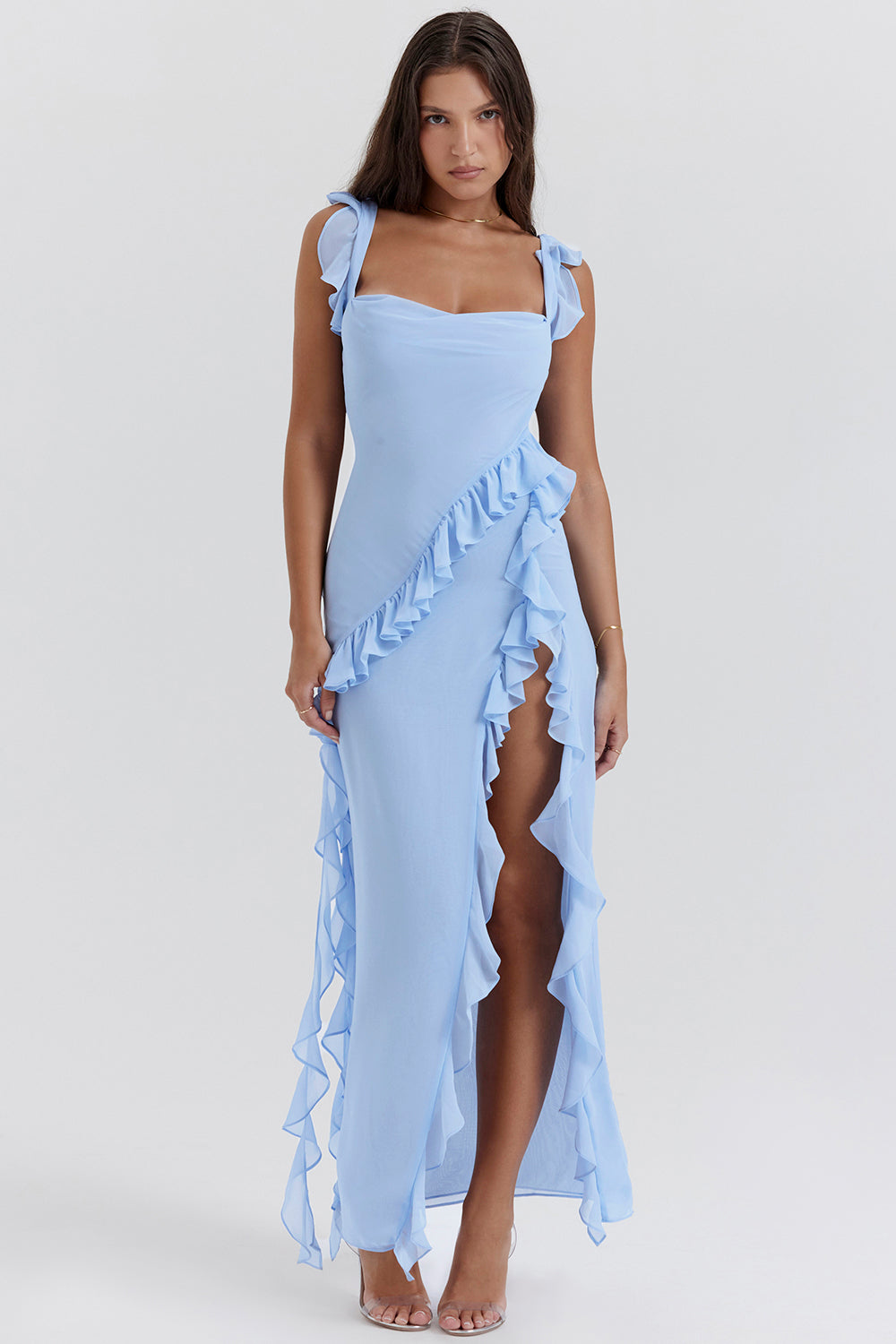SUNA Vervain Twilight Frill Maxi – Svævende - Maxi Kjole Fest Blå