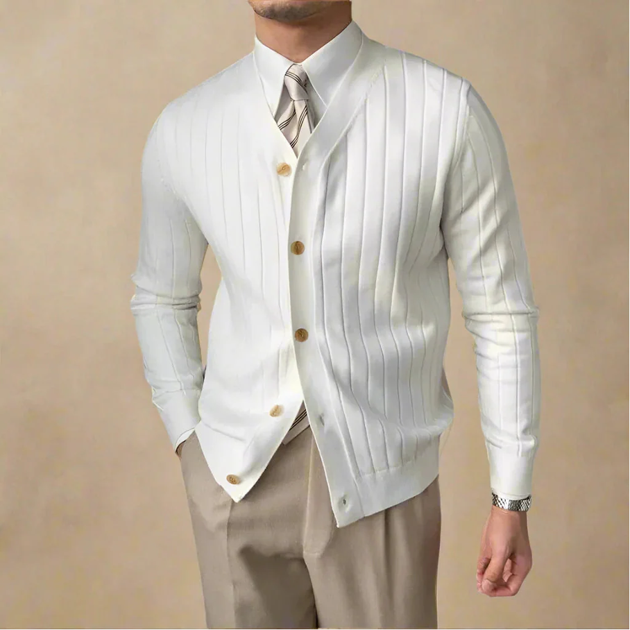 SUNA Herre Cardigan – Button-Up Stribet Strik med Guldtonede Knapper Hvid