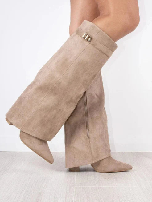 SUNA Høje Støvler Med Klap Læder Eller Suede Blokhæl 8,5 Cm Beige - Suede