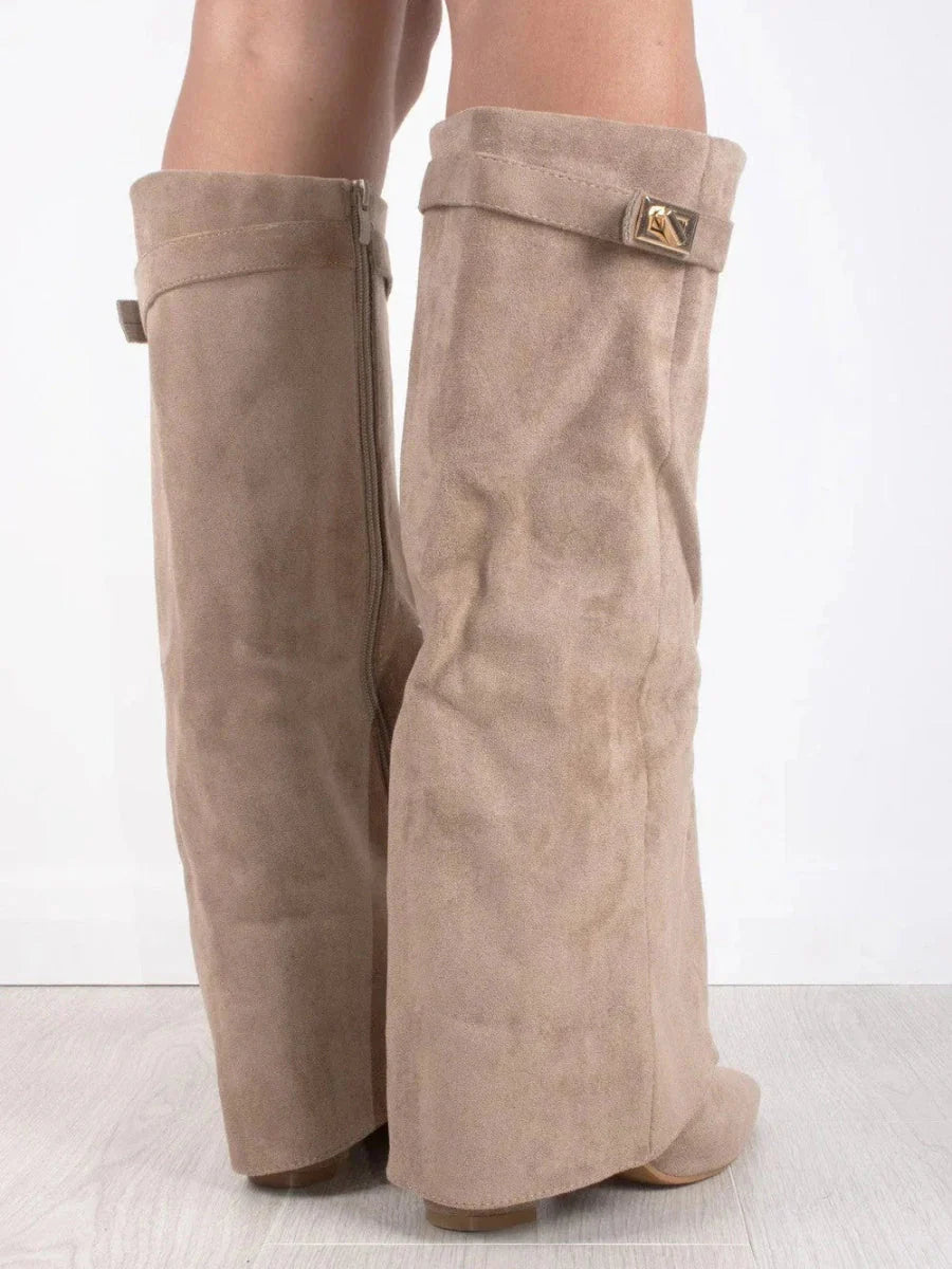 SUNA Høje Støvler Med Klap Læder Eller Suede Blokhæl 8,5 Cm