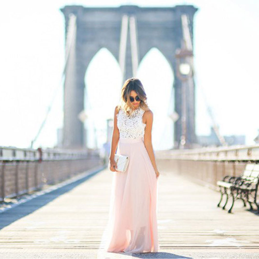 SUNA Elegant Hvid Chiffon Maxi Kjole