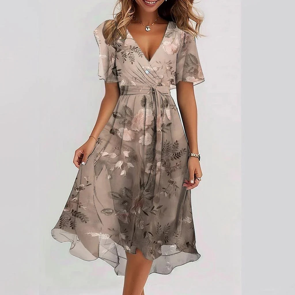 SUNA Let Sommerkjole med Blomstermønster Luftig Chiffon Perfekt til Sommerdage Taupe