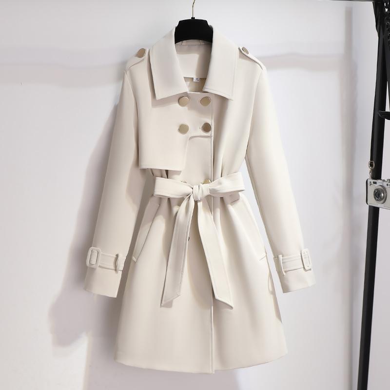 SUNA Hvid Trenchcoat til Dame - Elegant, knælang med bælte og revers Hvid