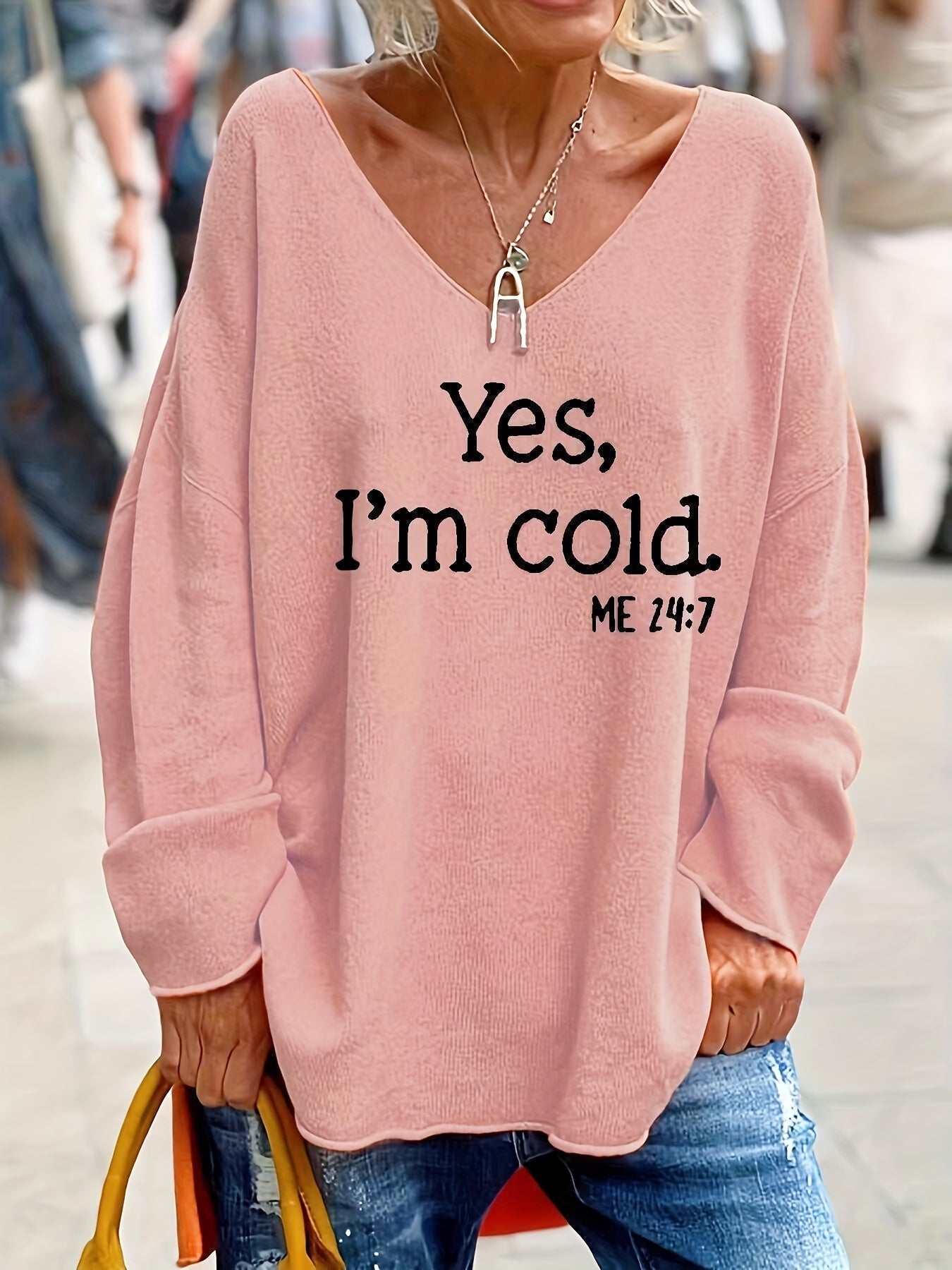 SUNA Dame Sweater – Oversized Trøje med V-Hals i Plusstørrelse Rosa