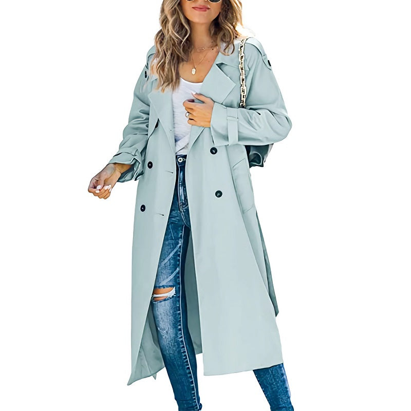 SUNA Lang Vandafvisende Trenchcoat til Kvinder - Funktionelt design Lyseblå