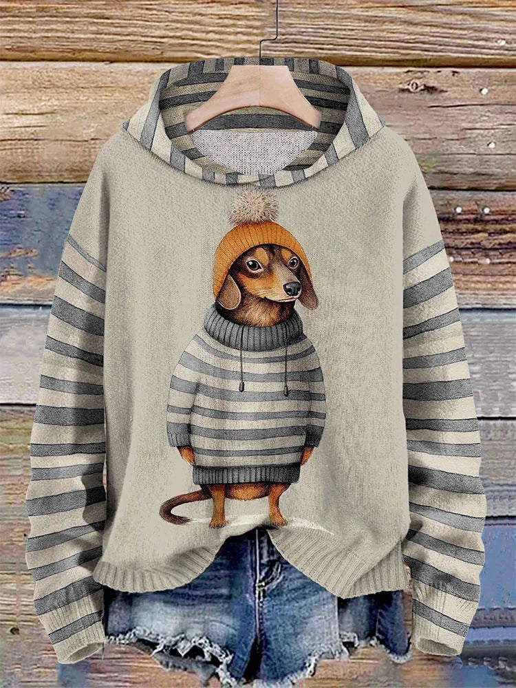 SUNA Dame Hoodie – Varm Trøje med Hundemotiv og Komfortabel Pasform Mørk Beige
