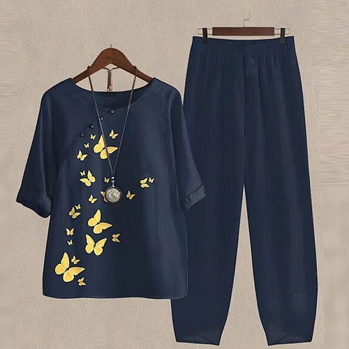 SUNA 2-Delt Damersommersæt Lyse Og Elegante Til Sommeren Mørkeblå