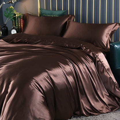 Luksuriøst Satin Sengetøj Sæt – 1 Flad Lagen, 1 Sengetæppe, 2 Pudevar til Elegant Søvn og Kølende Komfort Bedding SUNA Mørkebrun 120x200cm 4-delt sæt Udstyret