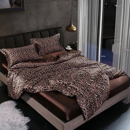 Luksuriøst Satin Sengetøj Sæt – 1 Flad Lagen, 1 Sengetæppe, 2 Pudevar til Elegant Søvn og Kølende Komfort Bedding SUNA Leopard 120x200cm 4-delt sæt Udstyret