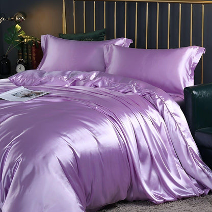 Luksuriøst Satin Sengetøj Sæt – 1 Flad Lagen, 1 Sengetæppe, 2 Pudevar til Elegant Søvn og Kølende Komfort Bedding SUNA Lavendel 120x200cm 4-delt sæt Udstyret
