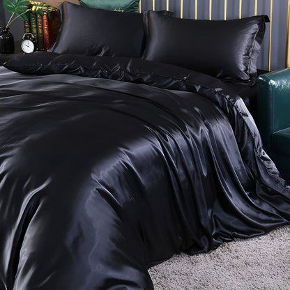 Luksuriøst Satin Sengetøj Sæt – 1 Flad Lagen, 1 Sengetæppe, 2 Pudevar til Elegant Søvn og Kølende Komfort Bedding SUNA Sort 120x200cm 4-delt sæt Udstyret