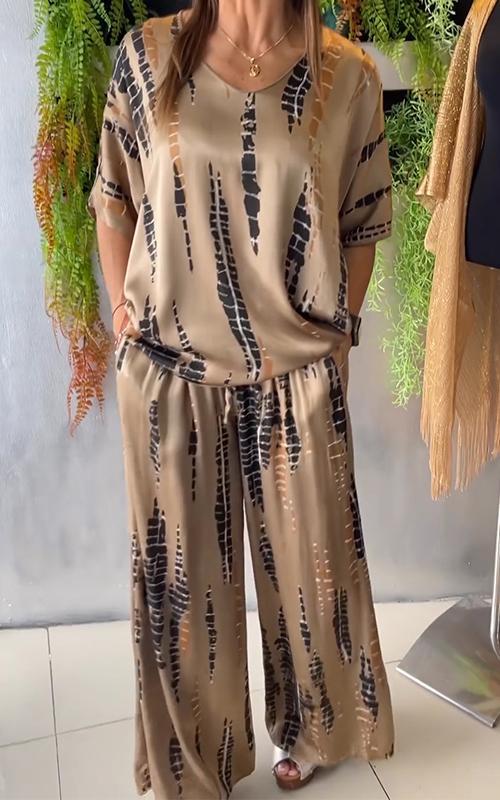 SUNA Casual Satin Sæt Med Rund Hals Til Forår Og Sommer Khaki