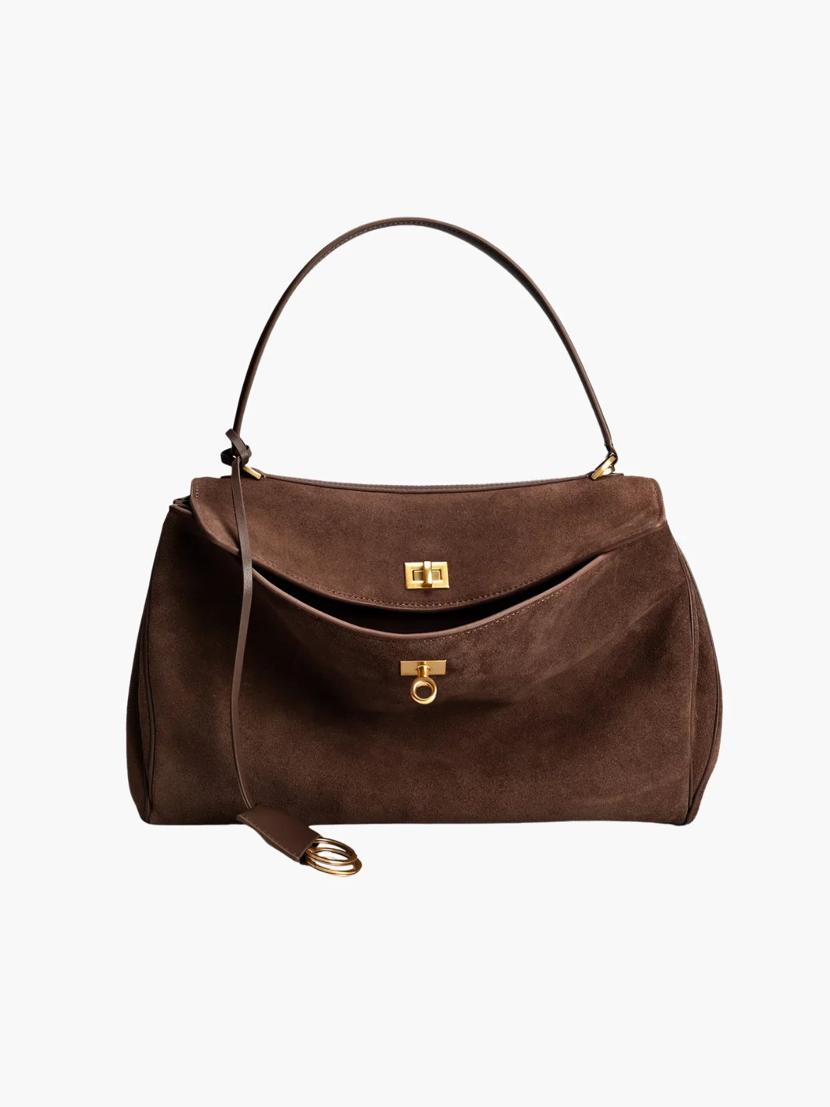 SUNA Elegant Suede Satchel Med Top Håndtag Og Twist-Lås Lukning Mørkebrun One Size