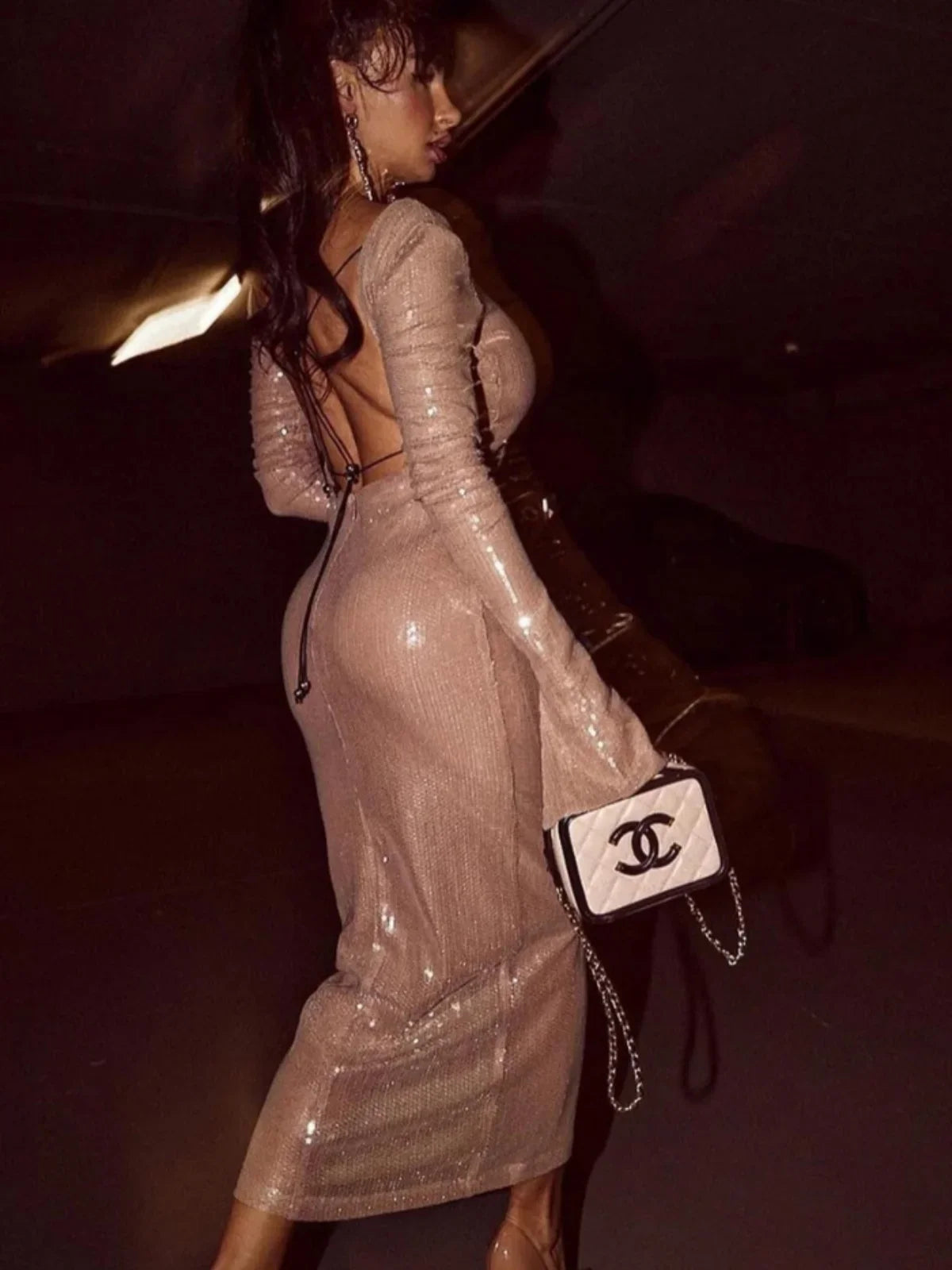 SUNA Langærmet Gennemsigtig Nude Paillet Bodycon Kjole Elegant