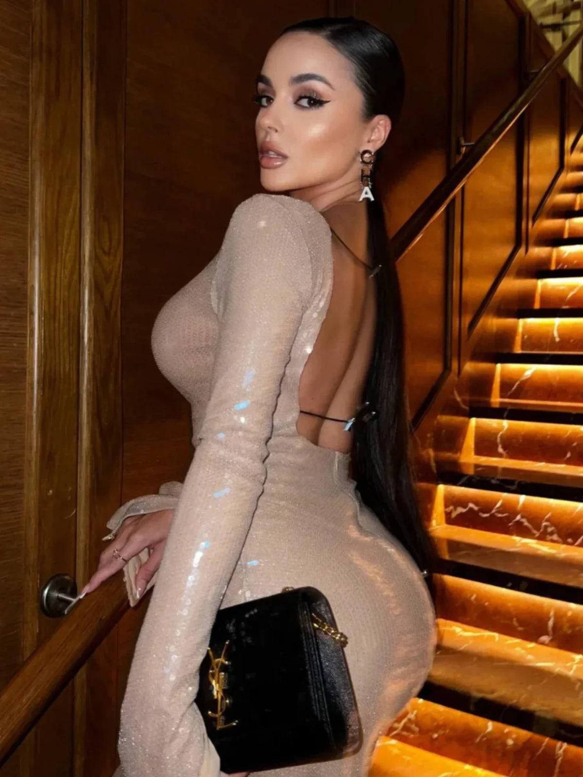 SUNA Langærmet Gennemsigtig Nude Paillet Bodycon Kjole Elegant