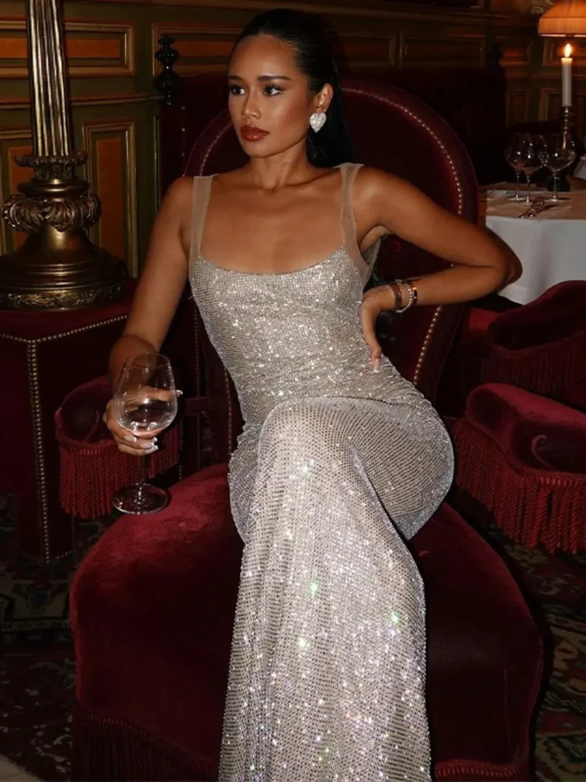 SUNA Skinnende Rhinestone Bodycon Rygfri Maxi Kjole Til Fester