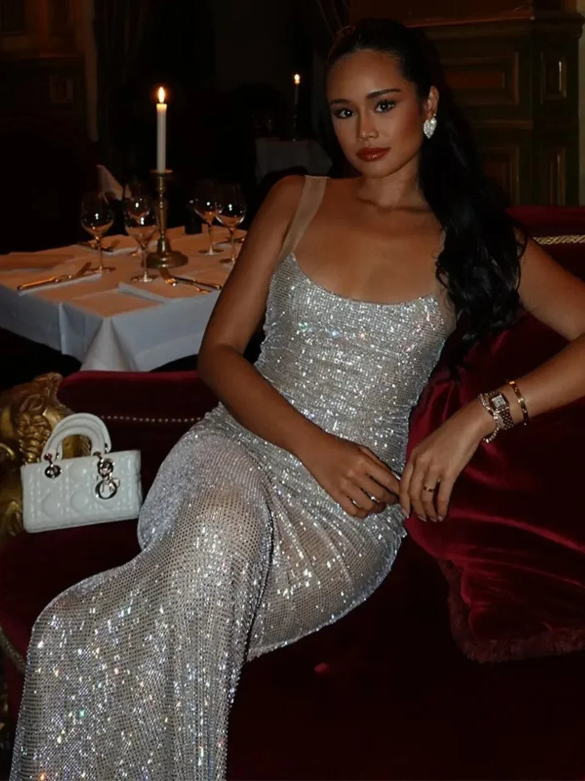 SUNA Skinnende Rhinestone Bodycon Rygfri Maxi Kjole Til Fester