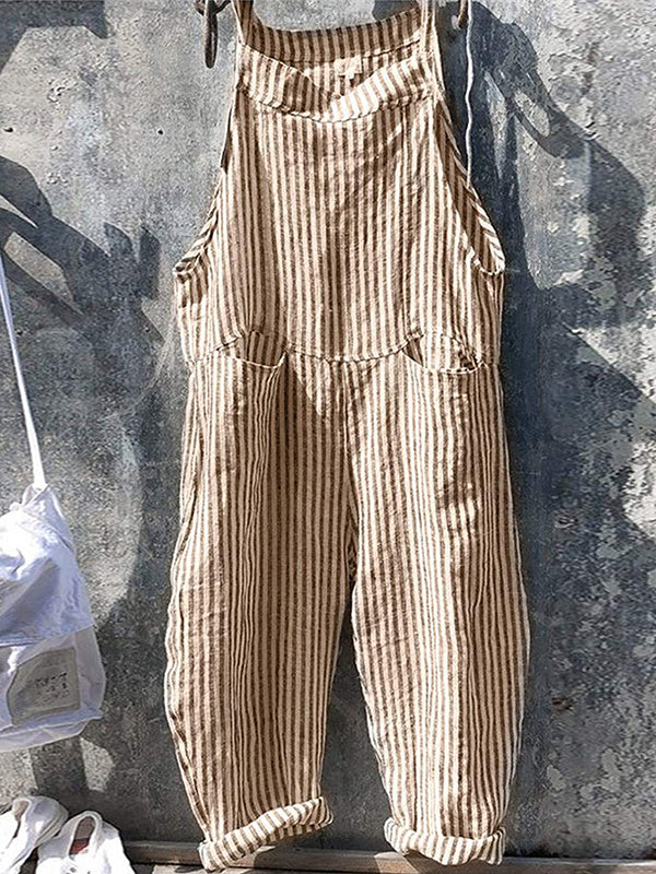 SUNA Kvinders Stribede Bredbenede Overalls Khaki