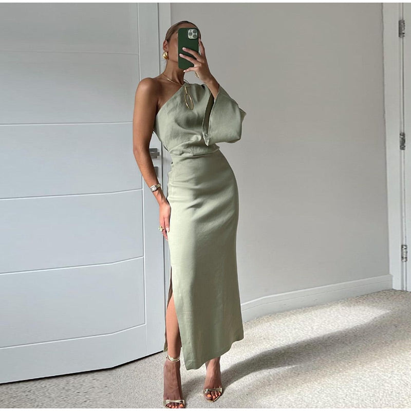 SUNA One-Shoulder Maxi Kjole Grå Grøn