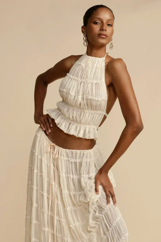 Rygfri Plissé Ensemble med Raffinement i EleganzChiffon Sets SUNA