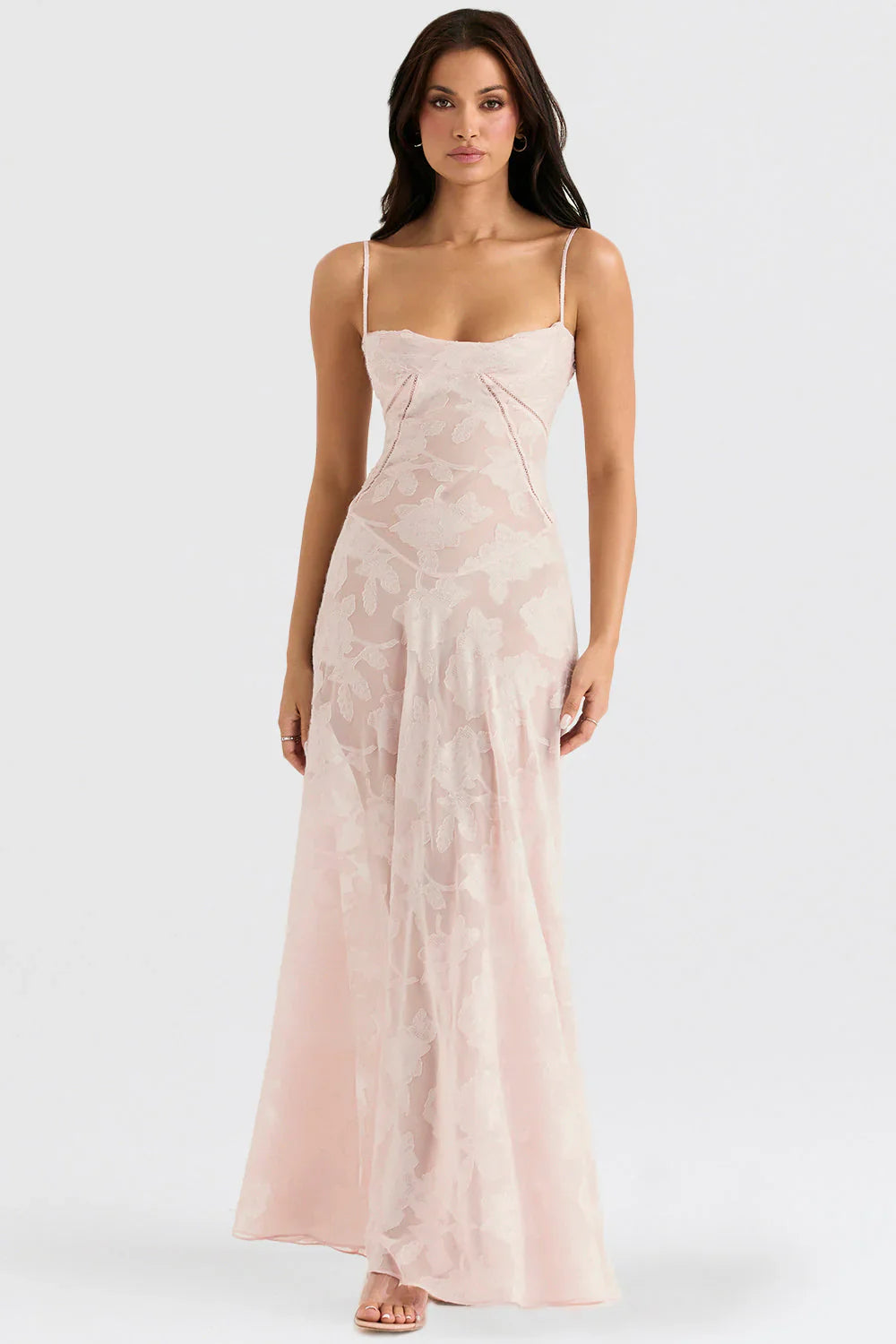 SUNA Fortryllet Maxi Kjole med Vintage Snøring og Blomsterdesign Pink