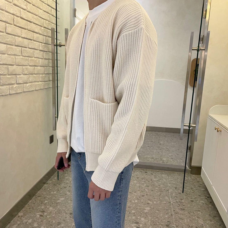 SUNA Cardigan til herre med ribbet tekstur og rund hals