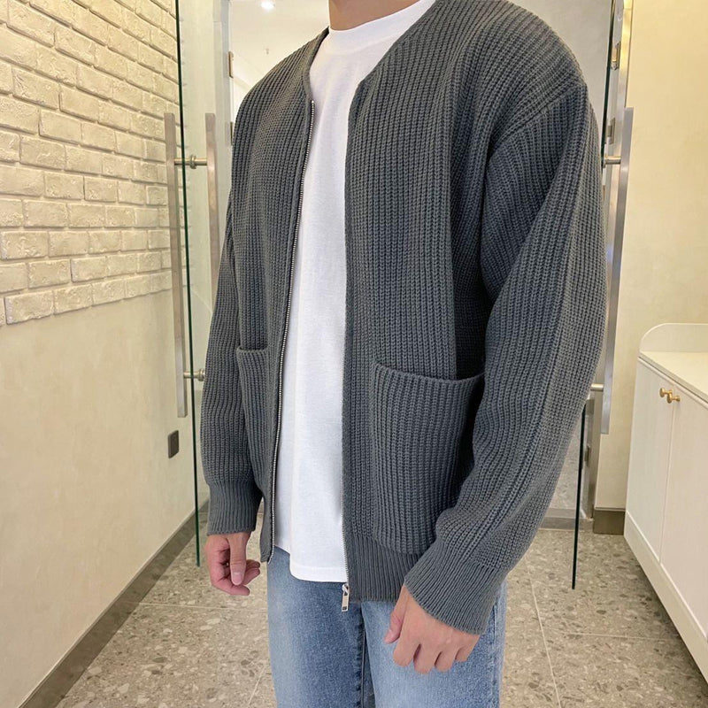 SUNA Cardigan til herre med ribbet tekstur og rund hals