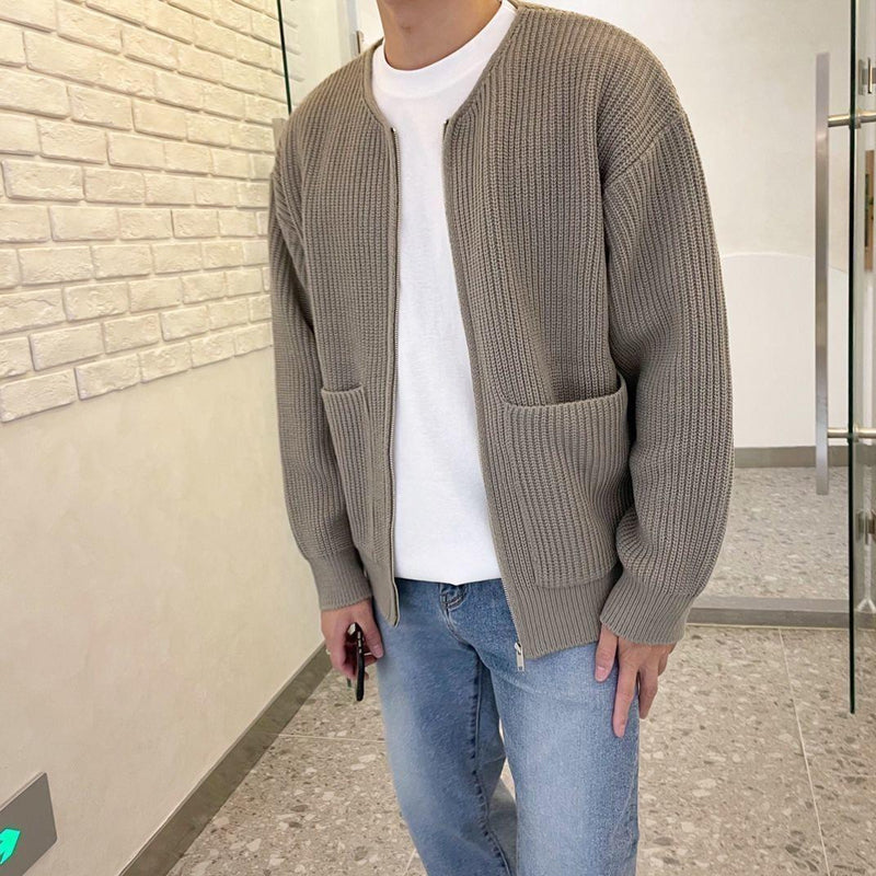 SUNA Cardigan til herre med ribbet tekstur og rund hals