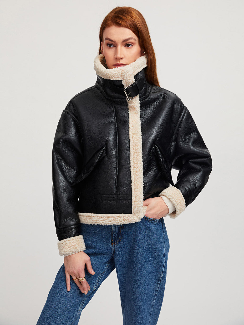 SUNA Sherpa Foret Shearling Læder Aviator Jakke Sort