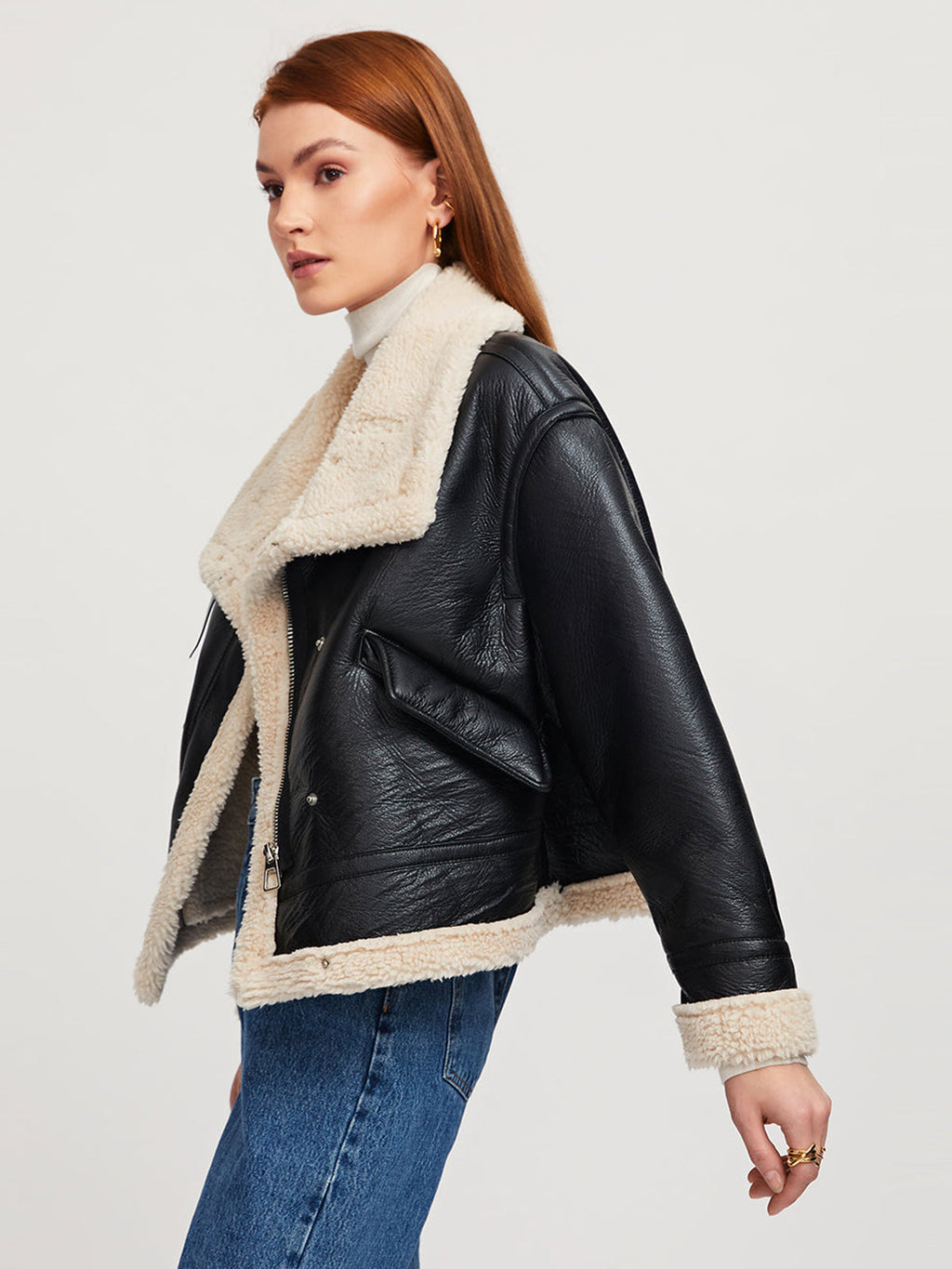 SUNA Sherpa Foret Shearling Læder Aviator Jakke