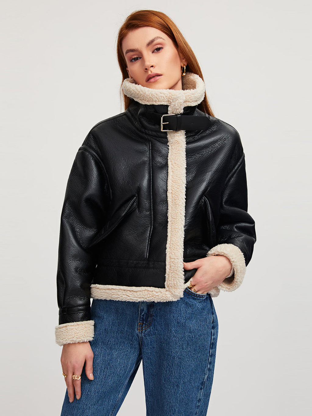 SUNA Sherpa Foret Shearling Læder Aviator Jakke